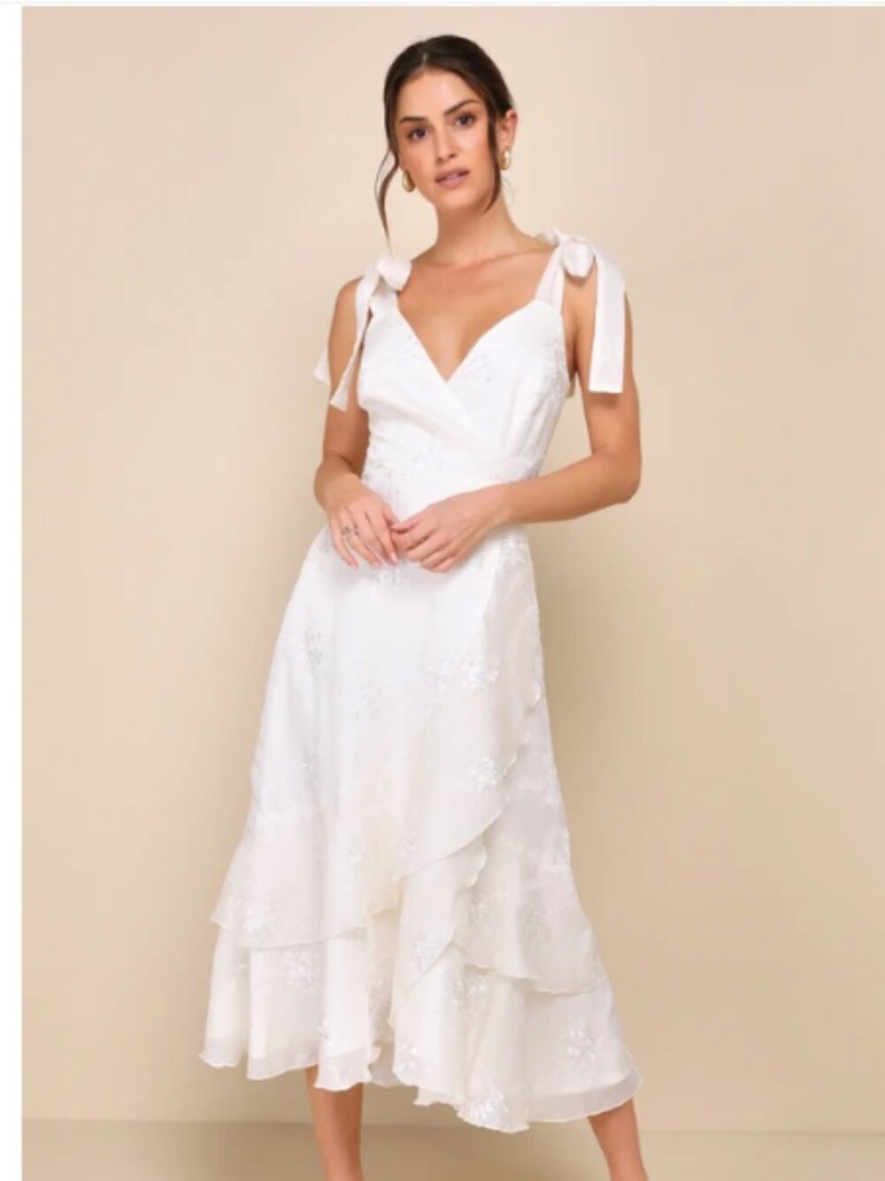 NWT Lulus Elegant Direction Ivory Embroidered Midi Dress Tie Strap Bridal Small